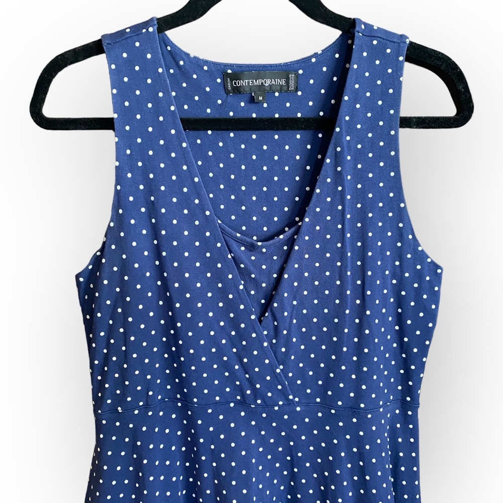 Simons Contemporaire Blue White Polka Dot Sleeveless Stretch Mini Dress Medium - Picture 2 of 10